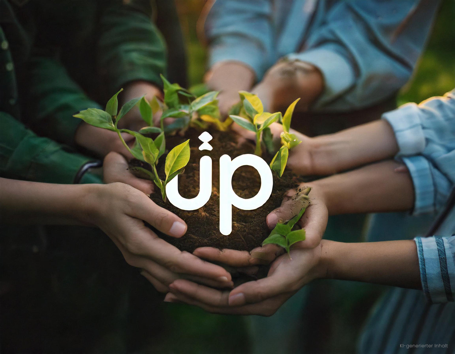 Erde mit grünen Stecklingen werden von mehreren Menschen gehalten. In der Mitte das NatureUp Logo