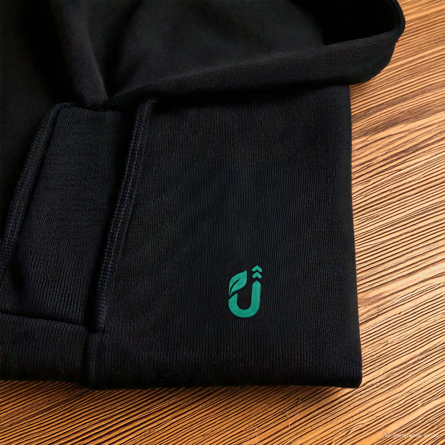 Close-Up eines schwarzen Hoodies mit grünem NatureUp Logo