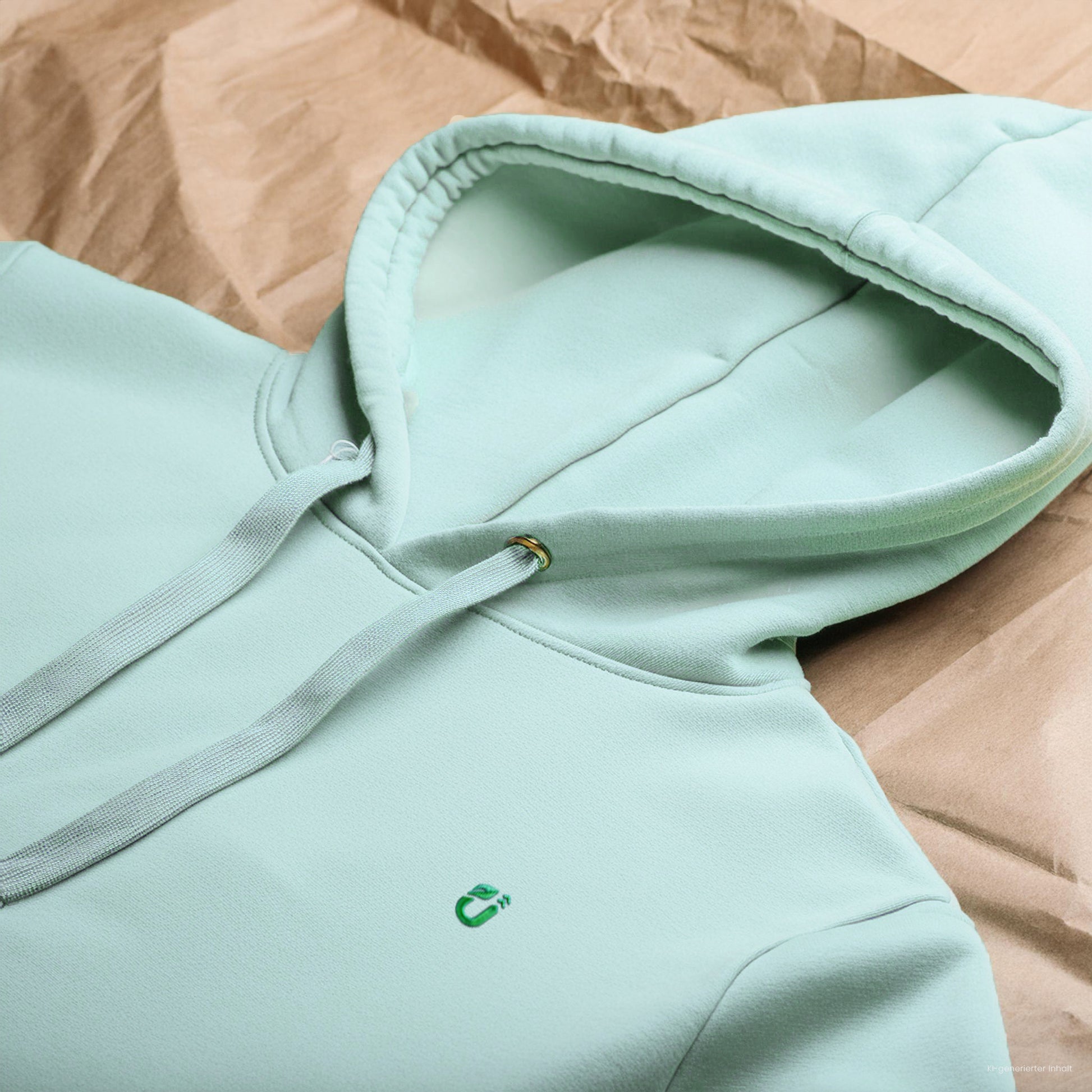 Close-up eines Türkisen Hoodies mit grünem NatureUp Logo