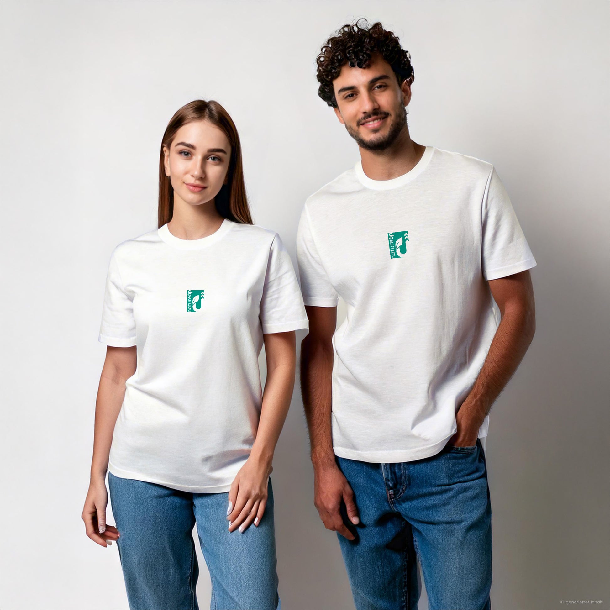 Junge Frau und junger Mann mit weißem Shirt und grünem NatureUp Logo